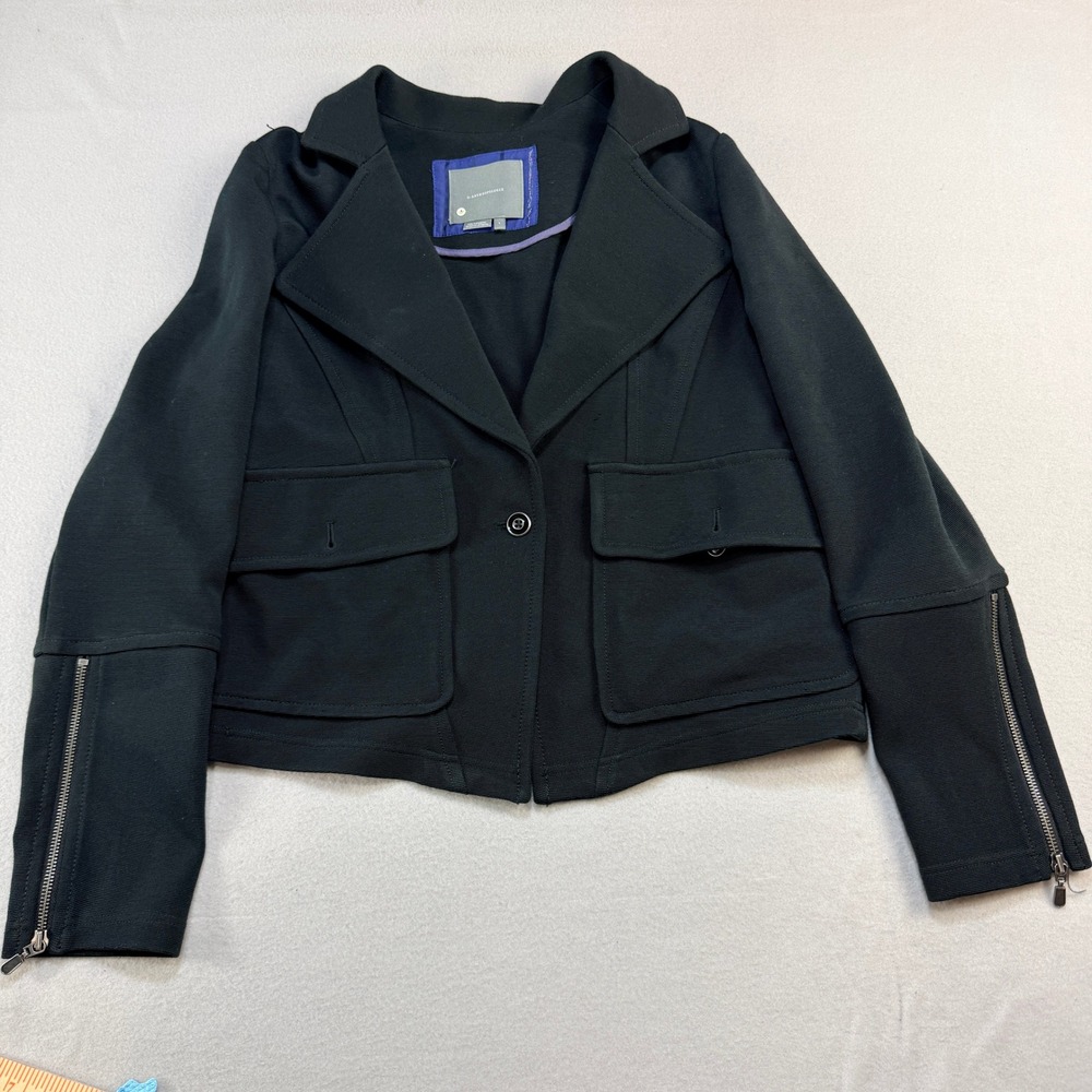 Anthropologie Black‎ Moto Knit Blazer Jacket Zipper Cuff Flap Pocket Sz L